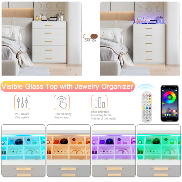 白色 刨花板+钢化玻璃 贴麻面三胺 66*35*83cm 柜面可视面 五抽 抽屉柜 带RGB灯-5