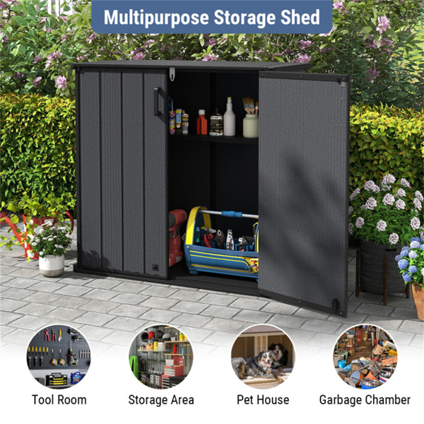 23.5立方英尺户外储物棚，带可上锁门，PP HDPE水平园艺工具柜 - 黑色-13