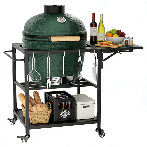适用于Big Green Egg烧烤炉的户外烧烤桌，重型金属推车式备餐台，带轮子、储物架、挂钩和可拆卸中央盖，兼容大型Big Green Egg烧烤炉--不支持self-pick up且不支持指定仓库发货-3