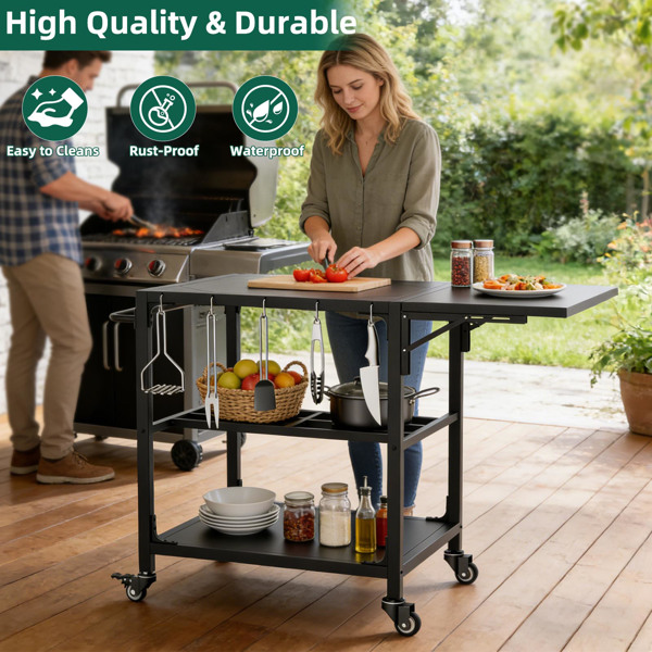 适用于Big Green Egg烧烤炉的户外烧烤桌，重型金属推车式备餐台，带轮子、储物架、挂钩和可拆卸中央盖，兼容大型Big Green Egg烧烤炉--不支持self-pick up且不支持指定仓库发货-12