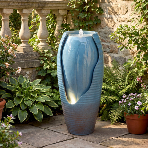 16英寸×32英寸户外带LED灯的开裂罐式喷泉树脂庭院水景-3