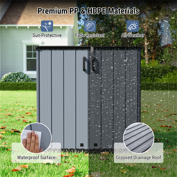 23.5立方英尺户外储物棚，带可上锁门，PP HDPE水平园艺工具柜 - 灰色-10