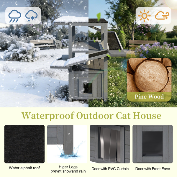 四层户外猫屋，防风雨猫树塔，带防水屋顶和两个门，流浪猫户外庇护所，多层游戏区带阳台，适用于小型动物，灰色--不支持self-pick up且不支持指定仓库发货-9