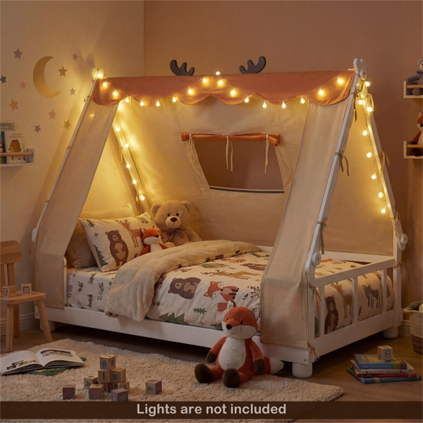 双床蒙特梭利家庭地板床，带可拆卸雨棚帐篷，带护栏的实木儿童床- 白色-9