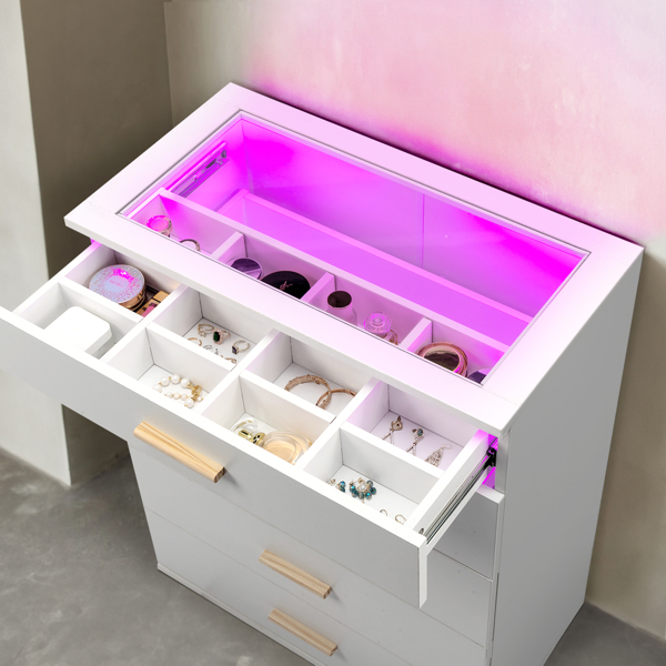 白色 刨花板+钢化玻璃 贴麻面三胺 66*35*83cm 柜面可视面 五抽 抽屉柜 带RGB灯-13