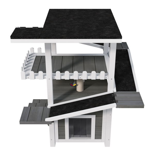 四层户外猫屋，防风雨猫树塔，带防水屋顶和双门，流浪猫户外庇护所，多层游戏区带阳台，适用于小型动物，灰白色--不支持self-pick up且不支持指定仓库发货-4