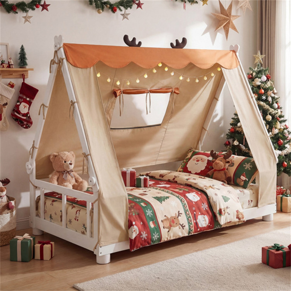 双床蒙特梭利家庭地板床，带可拆卸雨棚帐篷，带护栏的实木儿童床- 白色-2