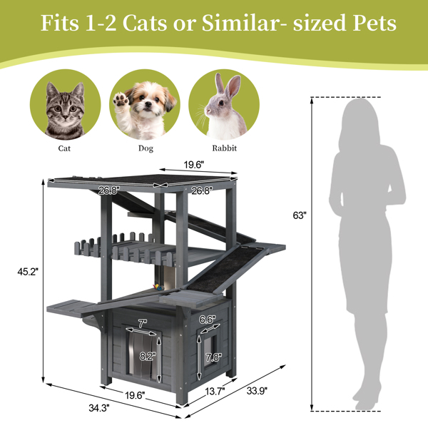 四层户外猫屋，防风雨猫树塔，带防水屋顶和两个门，流浪猫户外庇护所，多层游戏区带阳台，适用于小型动物，灰色--不支持self-pick up且不支持指定仓库发货-11