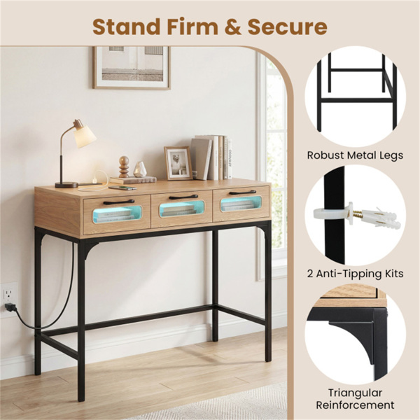 35.5“带LED灯和电源站的窄控制台桌，带充电口的3抽屉入口沙发桌-7