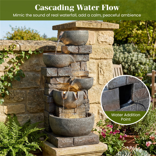5层级联式喷泉，24个LED灯灰色树脂室外水景-9