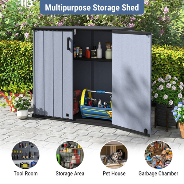 23.5立方英尺户外储物棚，带可上锁门，PP HDPE水平园艺工具柜 - 灰色-13