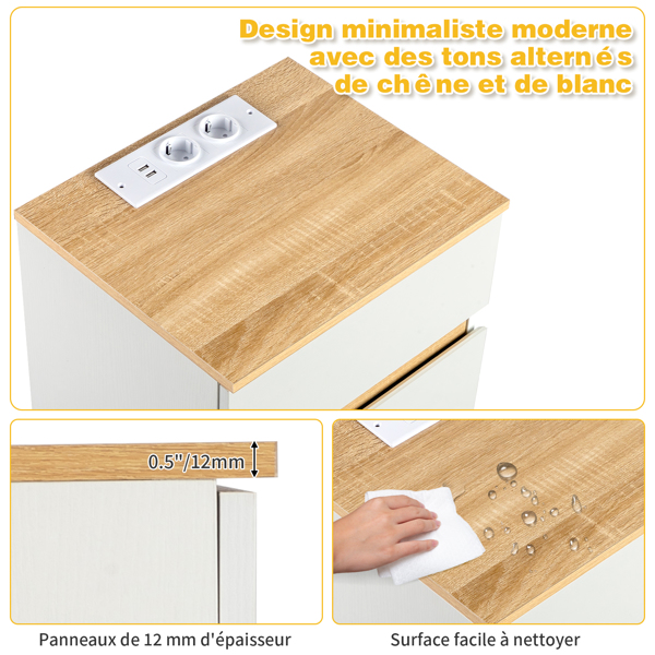 白色+橡木色 E1 刨花板 12MM 贴浮雕三胺 免拉手 38*32*56cm  3抽 床头柜 欧标插座 2pcs-7