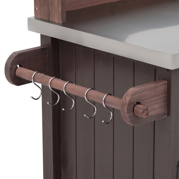 54.1英寸户外厨房岛台，带高架置物架；大型户外园艺工作台，不锈钢台面，带储物柜；实木烧烤车，带可锁定轮子，适用于烧烤和花园，棕色-25