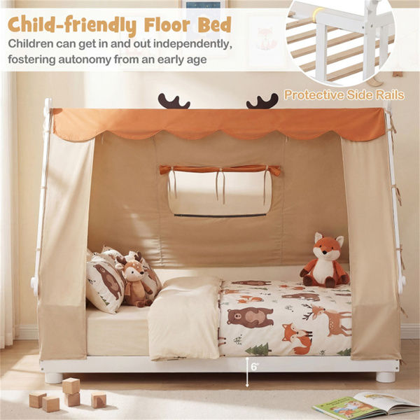 双床蒙特梭利家庭地板床，带可拆卸雨棚帐篷，带护栏的实木儿童床- 白色-3