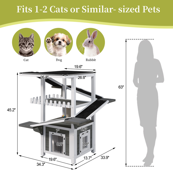 四层户外猫屋，防风雨猫树塔，带防水屋顶和双门，流浪猫户外庇护所，多层游戏区带阳台，适用于小型动物，灰白色--不支持self-pick up且不支持指定仓库发货-11