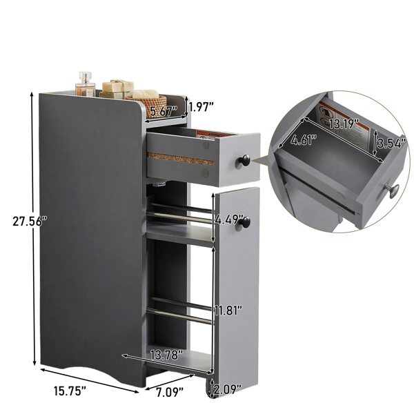 灰色 刨花板三胺贴面 18*40*70cm 二抽一围挡矮柜 带轮可活动抽拉架 浴室立柜-5