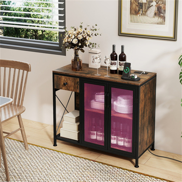 乡村棕色咖啡吧桌，带储物抽屉柜RGB LED和电源插座-9