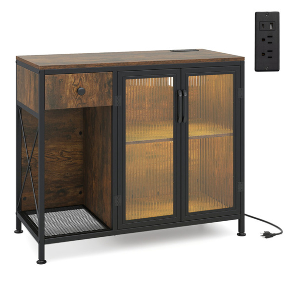 乡村棕色咖啡吧桌，带储物抽屉柜RGB LED和电源插座-3