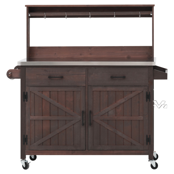 54.1英寸户外厨房岛台，带高架置物架；大型户外园艺工作台，不锈钢台面，带储物柜；实木烧烤车，带可锁定轮子，适用于烧烤和花园，棕色-13