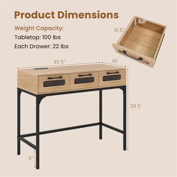 35.5“带LED灯和电源站的窄控制台桌，带充电口的3抽屉入口沙发桌-5