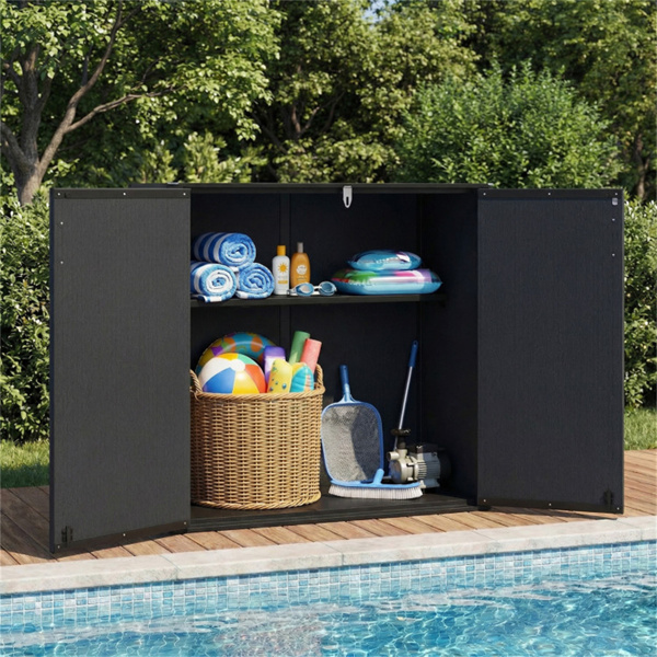 23.5立方英尺户外储物棚，带可上锁门，PP HDPE水平园艺工具柜 - 黑色-10