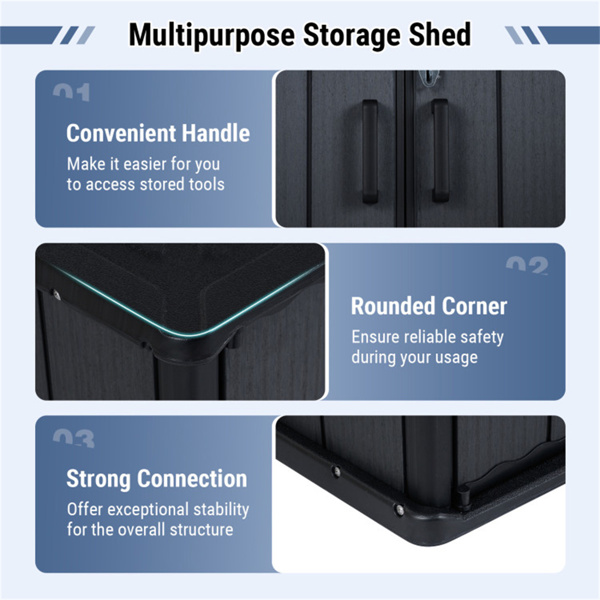 23.5立方英尺户外储物棚，带可上锁门，PP HDPE水平园艺工具柜 - 黑色-7