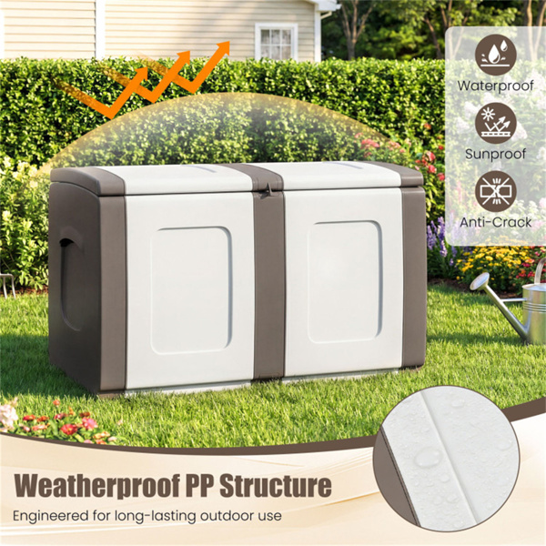 53加仑大型户外PP甲板箱防水储物箱，带可锁盖和侧把手- 米色-9