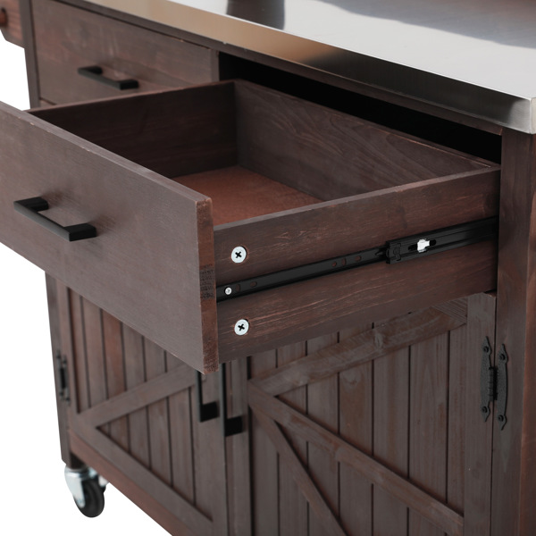 54.1英寸户外厨房岛台，带高架置物架；大型户外园艺工作台，不锈钢台面，带储物柜；实木烧烤车，带可锁定轮子，适用于烧烤和花园，棕色-24