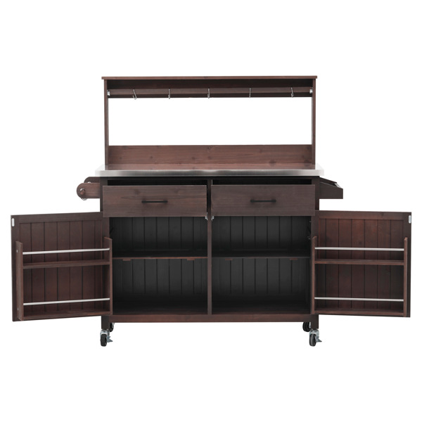 54.1英寸户外厨房岛台，带高架置物架；大型户外园艺工作台，不锈钢台面，带储物柜；实木烧烤车，带可锁定轮子，适用于烧烤和花园，棕色-12
