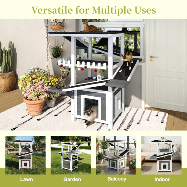 四层户外猫屋，防风雨猫树塔，带防水屋顶和双门，流浪猫户外庇护所，多层游戏区带阳台，适用于小型动物，灰白色--不支持self-pick up且不支持指定仓库发货-8