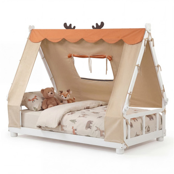 双床蒙特梭利家庭地板床，带可拆卸雨棚帐篷，带护栏的实木儿童床- 白色