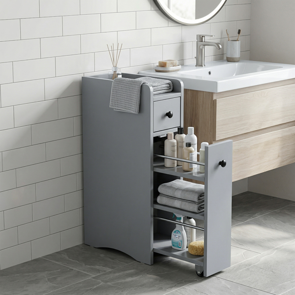 灰色 刨花板三胺贴面 18*40*70cm 二抽一围挡矮柜 带轮可活动抽拉架 浴室立柜-9