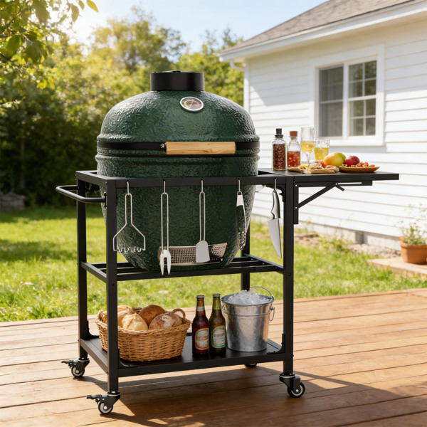 适用于Big Green Egg烧烤炉的户外烧烤桌，重型金属推车式备餐台，带轮子、储物架、挂钩和可拆卸中央盖，兼容大型Big Green Egg烧烤炉--不支持self-pick up且不支持指定仓库发货-1