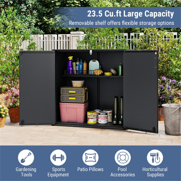 23.5立方英尺户外储物棚，带可上锁门，PP HDPE水平园艺工具柜 - 黑色-12