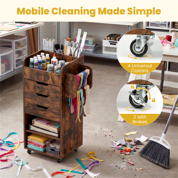 带3个抽屉和可调节货架的滚动工艺存储车，带轮子的移动包装纸收纳器-6