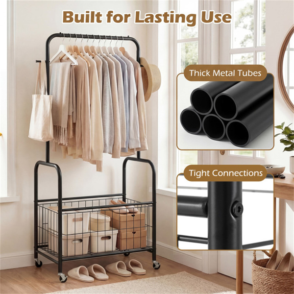 三合一滚动衣架，带储物篮和挂钩，洗衣房金属衣架 - 黑色-8