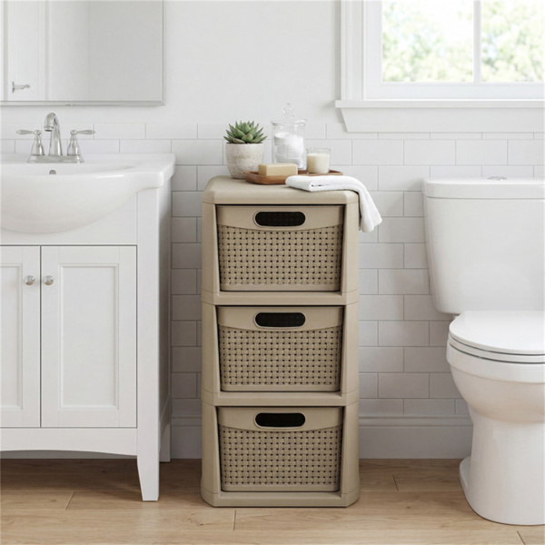 3抽屉PP储物整理器柳条外观窄柜，适用于家庭和办公室-2