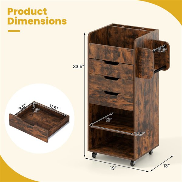 带3个抽屉和可调节货架的滚动工艺存储车，带轮子的移动包装纸收纳器-4