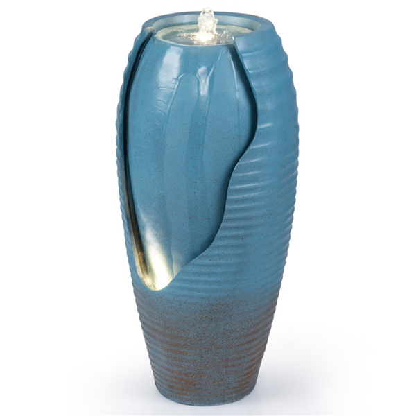 16英寸×32英寸户外带LED灯的开裂罐式喷泉树脂庭院水景-4