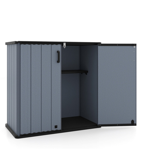 23.5立方英尺户外储物棚，带可上锁门，PP HDPE水平园艺工具柜 - 灰色-6