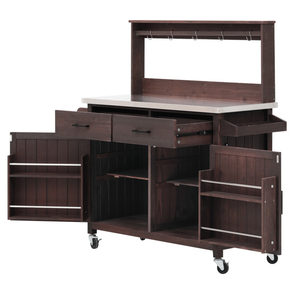 54.1英寸户外厨房岛台，带高架置物架；大型户外园艺工作台，不锈钢台面，带储物柜；实木烧烤车，带可锁定轮子，适用于烧烤和花园，棕色-21