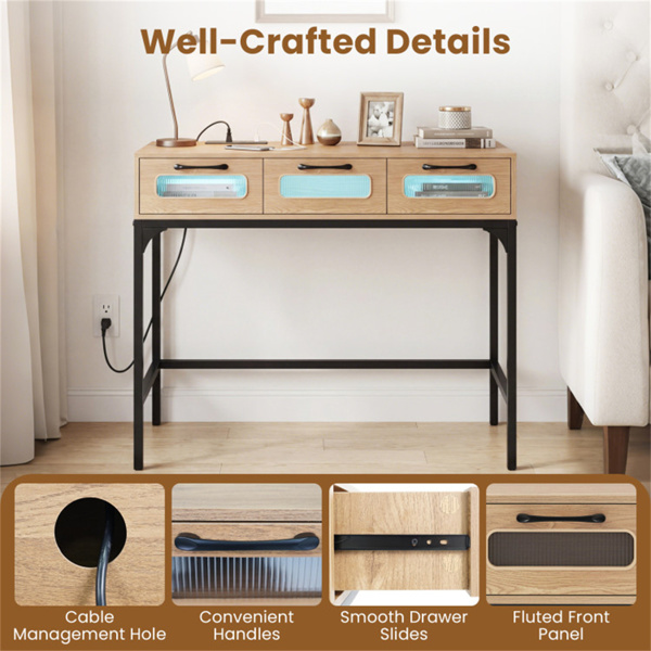 35.5“带LED灯和电源站的窄控制台桌，带充电口的3抽屉入口沙发桌-8