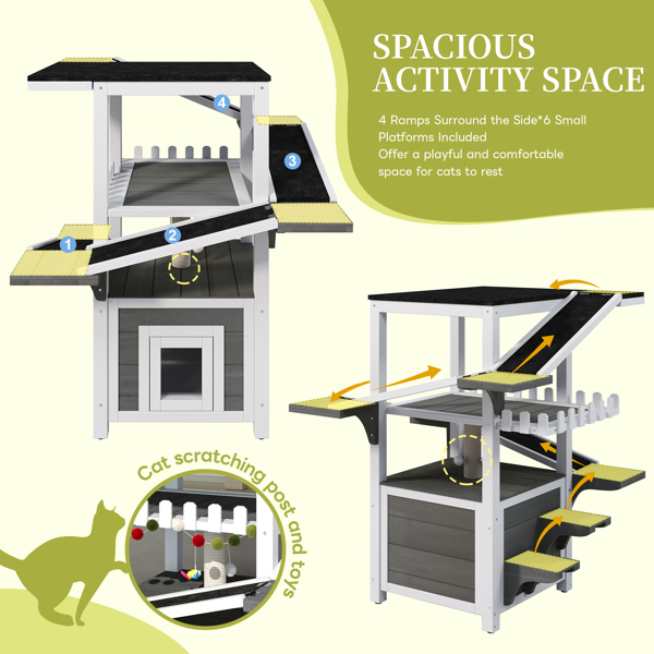 四层户外猫屋，防风雨猫树塔，带防水屋顶和双门，流浪猫户外庇护所，多层游戏区带阳台，适用于小型动物，灰白色--不支持self-pick up且不支持指定仓库发货-9