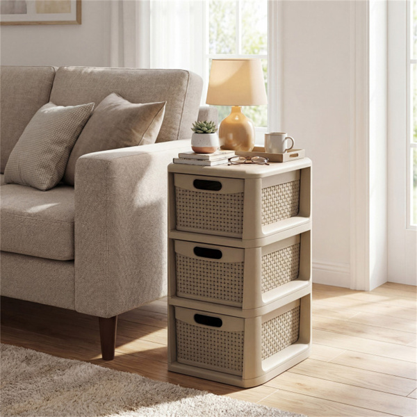 3抽屉PP储物整理器柳条外观窄柜，适用于家庭和办公室-6