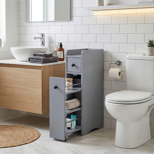 灰色 刨花板三胺贴面 18*40*70cm 二抽一围挡矮柜 带轮可活动抽拉架 浴室立柜-8