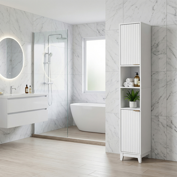 白色 刨花板三胺贴面+密度板格栅吸塑 30*28*170cm 两门二搁架 浴室立柜-10