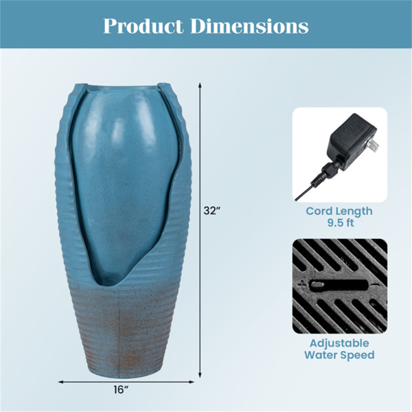16英寸×32英寸户外带LED灯的开裂罐式喷泉树脂庭院水景-5