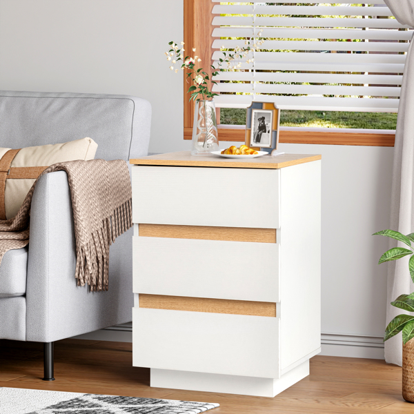 白色+橡木色 E1 刨花板 12MM 贴浮雕三胺 免拉手 38*32*56cm  3抽 床头柜 欧标插座 2pcs-2