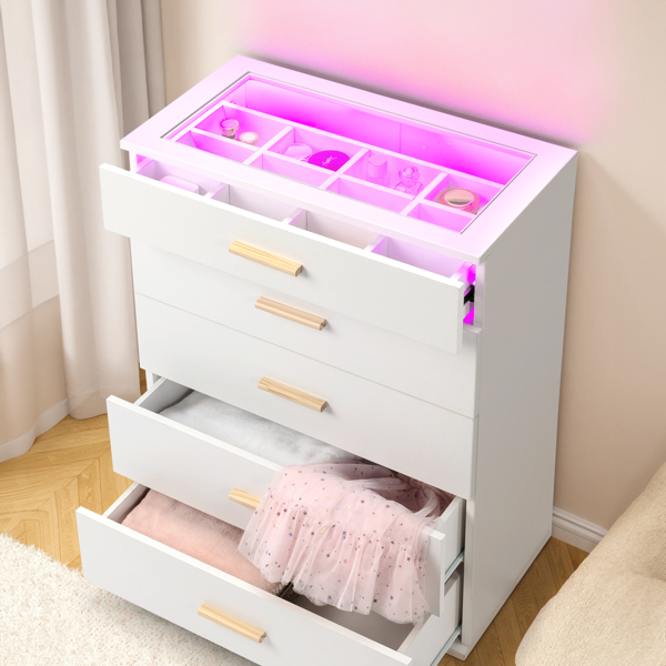 白色 刨花板+钢化玻璃 贴麻面三胺 66*35*83cm 柜面可视面 五抽 抽屉柜 带RGB灯-12