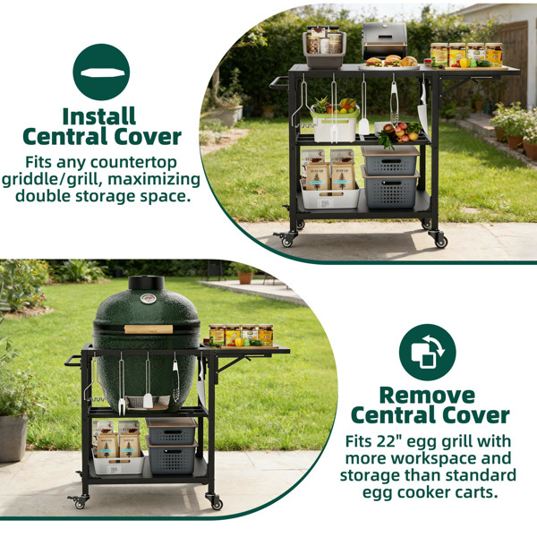 适用于Big Green Egg烧烤炉的户外烧烤桌，重型金属推车式备餐台，带轮子、储物架、挂钩和可拆卸中央盖，兼容大型Big Green Egg烧烤炉--不支持self-pick up且不支持指定仓库发货-8
